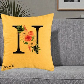 Cadou Personalizat - Perna Personalizata Monograma Florala Litera N, 40x40 cm, Galben, Husa Detasabila, Perna Inclusa, BEKZ®