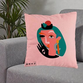 Perna Decorativa Portret Abstract Matisse Turcoaz, 40x40 cm, Roz, Husa Detasabila, Perna Inclusa, BEKZ®
