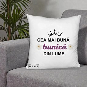 Cadou pentru Bunica - Perna Personalizata Cea Mai Buna Bunica Din Lume Coroana Mov Flori, 40x40 cm, Alb Pufos, Husa Detasabila, Perna Inclusa, BEKZ®
