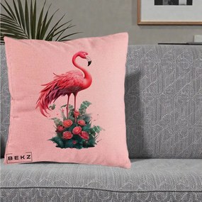 Perna Decorativa Flamingo cu Trandafiri Tropicali, 40x40 cm, Roz, Husa Detasabila, Perna Inclusa, BEKZ®