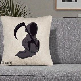 Perna Decorativa Moartea cu Coasa Grim Reaper Halloween, 40x40 cm, Bej Canapea, Husa Detasabila, Perna Inclusa, BEKZ®