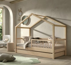 Pat Casă Forrest Beech 90x200 cm, pentru Camera Copii, din Lemn de Fag, cu Sertar și Protecție Suplimentară – Vipack