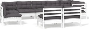 vidaXL Set mobilier de grădină cu perne, 9 piese, alb, lemn masiv pin