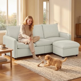 HOMCOM Canapea 3 locuri cu pouf de depozitare, canapea colțar modulară 212 cm, perne cu arcuri, țesătură din in, crem | Aosom Romania