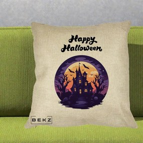 Perna Decorativa Happy Halloween Casa Bantuita Violet, 40x40 cm, Crem, Husa Detasabila, Perna Inclusa, BEKZ®