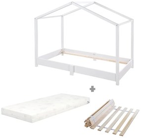 Pat pentru copii alb de tip casă din lemn masiv cu saltea/cu somieră 70x140 cm – Roba