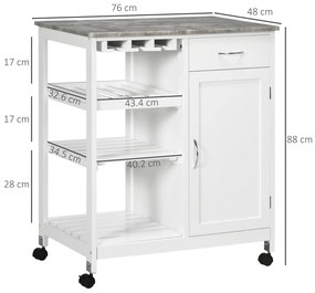 HOMCOM Troler de bucătărie cu roți, cărucior de servire cu 1 sertar, rafturi detașabile și suport pentru sticle, 76x48x88 cm, alb | Aosom Romania