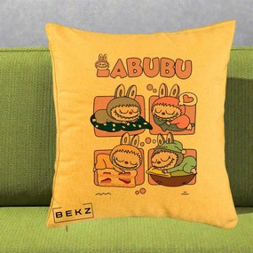 Perna Personalizata Labubu Sleeping Quad Grid, 40x40 cm, Galben, Husa Detasabila, Perna Inclusa, BEKZ®