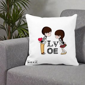 Cadou Romantic - Perna Personalizata Cuplu Kawaii LOVE, 40x40 cm, Alba Mata, Husa Detasabila, Perna Inclusa, BEKZ®