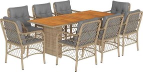 vidaXL Set de masă pentru grădină, 9 piese, cu perne, bej, poliratan