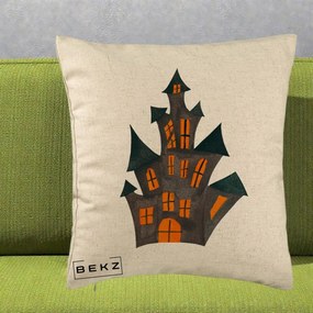 Perna Decorativa Halloween Casa Bantuita Minimalista, 40x40 cm, Bej, Husa Detasabila, Perna Inclusa, BEKZ®