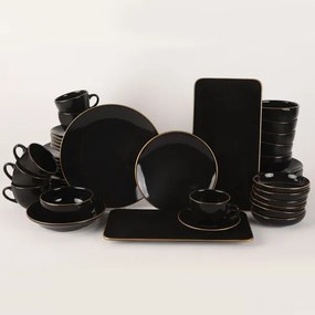 Set veselă 44 piese, negru/auriu, din ceramică tip stoneware