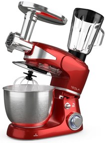 Robot de bucatarie cu bol de otel Tesla KR600RA, 1000W, 5 litri, Blender, Mixer, Masina de tocat carne, Rosu metalic