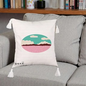 Perna Decorativa Peisaj Desert Oval Pastel, 40x40 cm, Bej cu Franjuri, Husa Detasabila, Perna Inclusa, BEKZ®