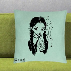Perna Personalizata Wednesday cu Panza de Paianjen, 40x40 cm, Verde Menta, Husa Detasabila, Perna Inclusa, BEKZ®