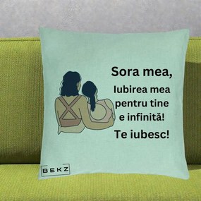 Cadou pentru Sora - Perna Personalizata Sora Mea Te Iubesc Doua Fete Fashioniste Line Art, 40x40 cm, Verde Menta, Husa Detasabila, Perna Inclusa, BEKZ®