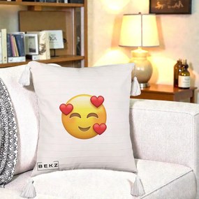 Perna Decorativa Emoji cu 3 Inimi, 40x40 cm, Bej cu Franjuri, Husa Detasabila, Perna Inclusa, BEKZ®