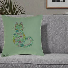 Perna Decorativa Pisica Florala Acuarela, 40x40 cm, Verde, Husa Detasabila, Perna Inclusa, BEKZ®