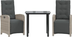 vidaXL Set bistro cu perne, 3 piese, gri deschis, poliratan