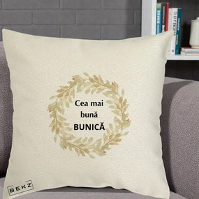 Cadou pentru Bunica - Perna Personalizata Cea Mai Buna Bunica Coronita Frunze Acuarela, 40x40 cm, Ecru, Husa Detasabila, Perna Inclusa, BEKZ®