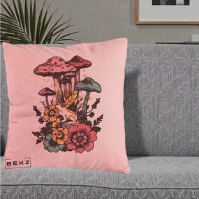 Perna Decorativa Ciuperci si Broaste Boho, 40x40 cm, Roz, Husa Detasabila, Perna Inclusa, BEKZ®