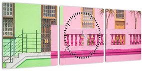 Tablou cu mașina - casele colorate (cu ceas) (90x30 cm)