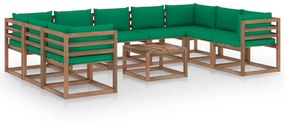 Set mobilier de gradina cu perne verzi, 10 piese Verde, 4x colt + 5x mijloc + masa, 1
