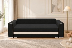 Canapea extensibilă Ondina din stofă, negru + crem, cu ladă de depozitare