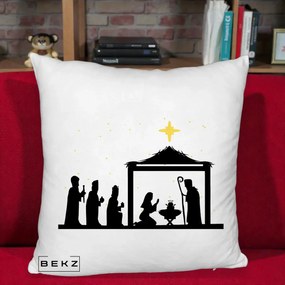 Perna Decorativa Nasterea Pruncului Silueta Neagra si Stea Aurie, 40x40 cm, Alb Pufos, Husa Detasabila, Perna Inclusa, BEKZ®