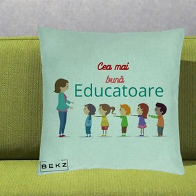 Cadou pentru Educatoare - Perna Personalizata Cea mai Buna Educatoare cu Ilustratie Copii si Educatoare, 40x40 cm, Verde Menta, Husa Detasabila, Perna Inclusa, BEKZ®