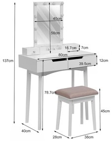 Set Kasia, Masa de toaleta pentru machiaj, cu oglinda iluminata 10 becuri LED, 4 sertare, scaun, Alb