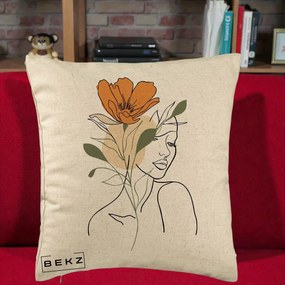 Perna Decorativa Portret Feminin Floare Portocalie, 40x40 cm, Bej, Husa Detasabila, Perna Inclusa, BEKZ®