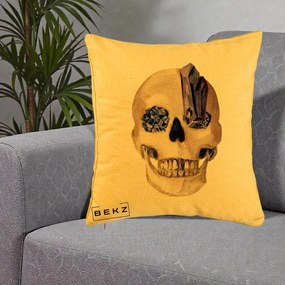 Perna Decorativa Craniu cu Cristale de Ametist, 40x40 cm, Galben, Husa Detasabila, Perna Inclusa, BEKZ®
