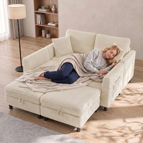HOMCOM Canapea Modulară în U cu 4 Locuri, 2 Pufuri cu Depozitare, Catifea Reiată, 306x153x85 cm, Crem | Aosom Romania