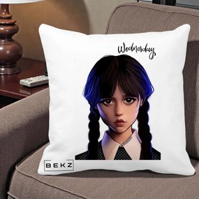 Perna Personalizata Wednesday Addams Portret Realist, 40x40 cm, Alba Mata, Husa Detasabila, Perna Inclusa, BEKZ®