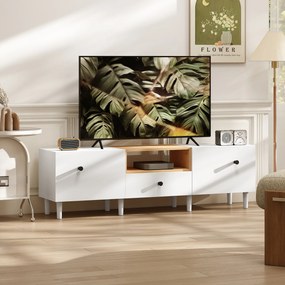 HOMCOM Mobilier TV, Suport TV până la 70" cu 2 Uși Rabatabile, Balamale Soft Close, Sertar, Raft Deschis, 8 Picioare pentru Sufragerie, Dormitor, 150x35x45 cm, Alb și Culoare Lemn | Aosom Romania