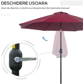 Outsunny Umbrelă de Grădină Înclinabilă pe 3 Unghiuri cu Manivelă, Ø265x240 cm, Roșu | Aosom Romania