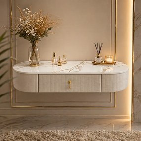 Set SARAH, Masă de toaletă pentru machiaj cu oglindă iluminată LED, control touch, sertar, taburet, 100x40x76 cm, Bej/Auriu