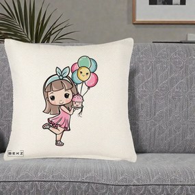 Perna Decorativa Fetita Kawaii cu Baloane si Cupcake, 40x40 cm, Crem Reliefat, Husa Detasabila, Perna Inclusa, BEKZ®