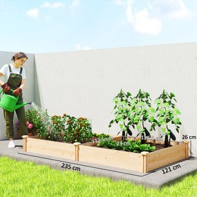 Outsunny Grădină Ridicată de Exterior cu Separator Central și Bază Deschisă, Jardinieră din Lemn de Brad, pentru Flori, Legume, Balcon sau Grădină, 235x121x26 cm, Culoare Lemn | Aosom Romania