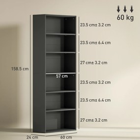 HOMCOM Bibliotecă raft de depozitare 6 niveluri cu rafturi reglabile pentru living, dormitor, birou, 60x24x158,5cm, negru | Aosom Romania