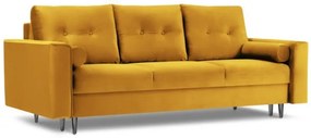 Canapea extensibila 3 locuri Leona cu tapiterie din catifea si picioare din metal negru, galben