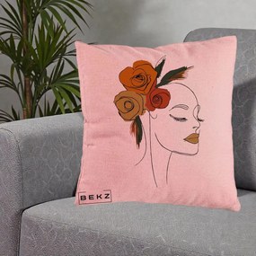 Perna Decorativa Portret Feminin Trandafiri Ruginii, 40x40 cm, Roz, Husa Detasabila, Perna Inclusa, BEKZ®