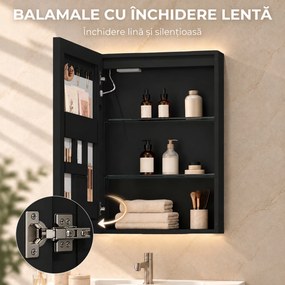 HOMCOM Dulap de Baie cu Oglindă și LED, 3 Culori, 50x70 cm, Soft-Close, Priză, Rafturi Reglabile, Negru | Aosom Romania