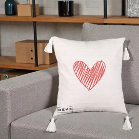 Perna Decorativa Inima Rosie Desen Manual, 40x40 cm, Bej cu Franjuri, Husa Detasabila, Perna Inclusa, BEKZ®