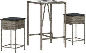 vidaXL Set mobilier bar de grădină, cu perne, 3 piese, gri, poliratan