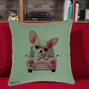 Perna Decorativa Chihuahua Roz in Masinuta, 40x40 cm, Verde, Husa Detasabila, Perna Inclusa, BEKZ®