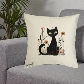 Perna Decorativa Pisica Neagra Flori Pastel Folk, 40x40 cm, Ecru, Husa Detasabila, Perna Inclusa, BEKZ®