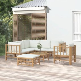 Set mobilier de gradina, cu perne alb crem, 8 piese, bambus