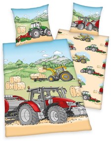 Lenjerie de pat din flanelă pentru copii Herding Tractor, 135 x 200 cm, 80 x 80 cm